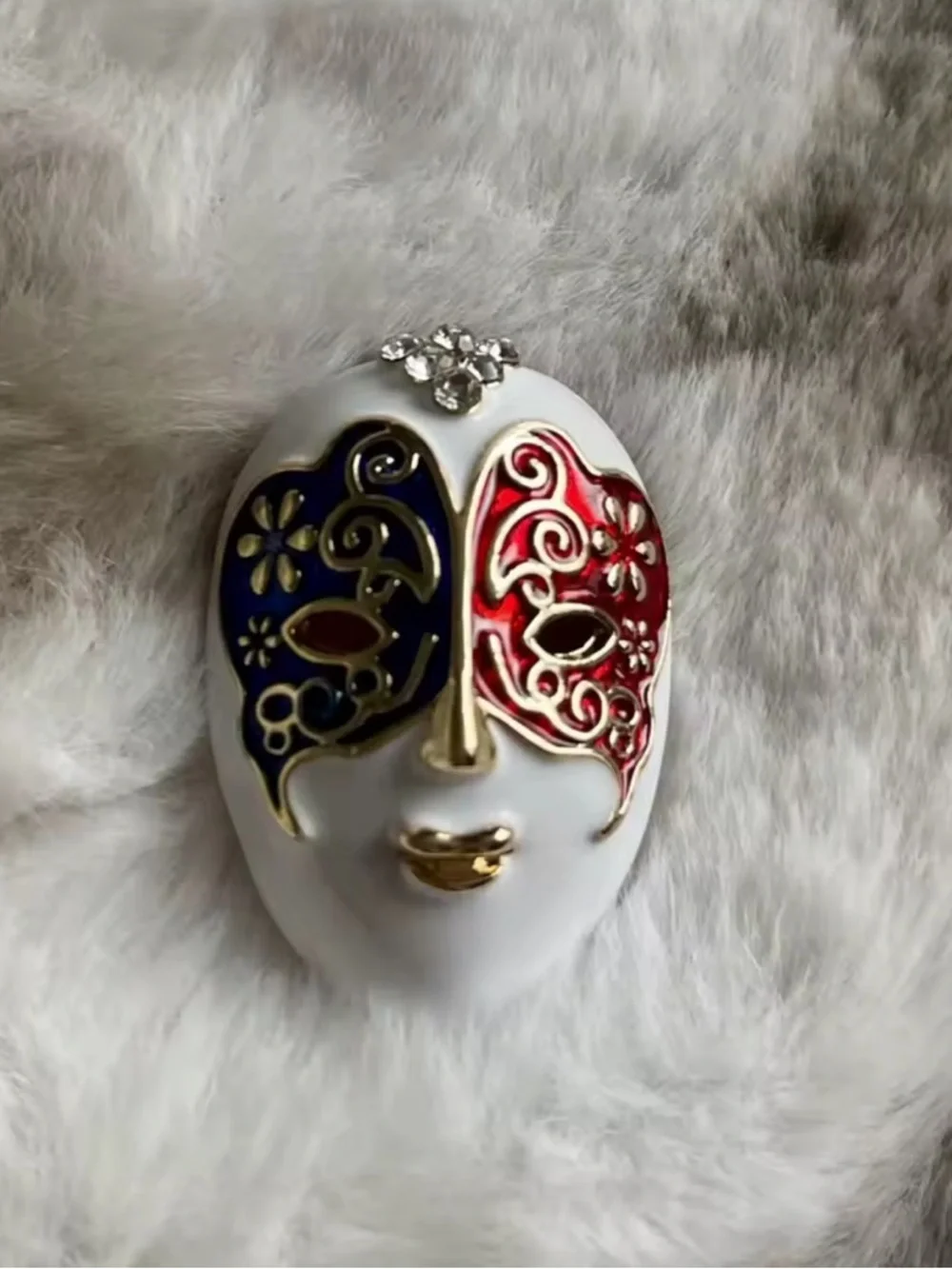 Luxury Venetian Mask Brooch – Red & Blue Enamel Statement Pin